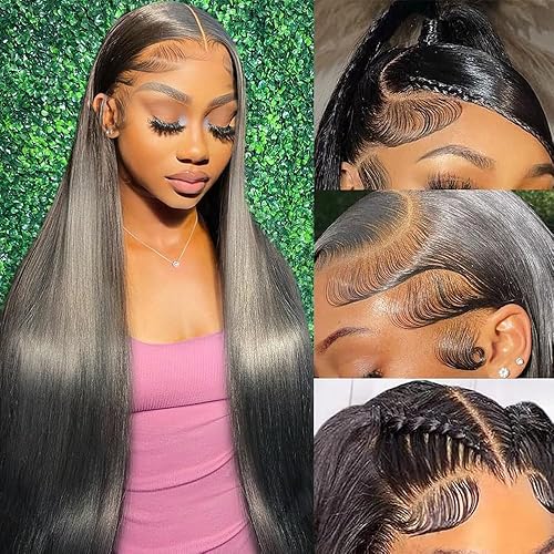 UKOWN 13x6 Lace Front Wigs Human Hair 28 Inch Straight HD Transparent Lace Front Wigs Human Hair Pre Plucked Natural Color 180 Density With Baby Hair for Women - 28 Inch - 13x6 Lace Frontal Wigs Human Hair Natural Color