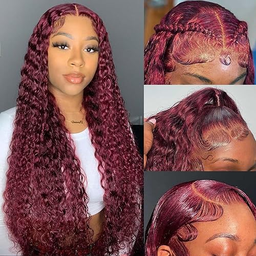 LRV 30 Inch Burgundy Lace Front, Human Hair 13x4 Deep Water Wave, Human Hair Lace Front Wigs For Women Red Curly, Pre Plucked, Burgundy Wig - 30 Inch - Burgundy Deep Wave Lace Front Wigs Human Hair