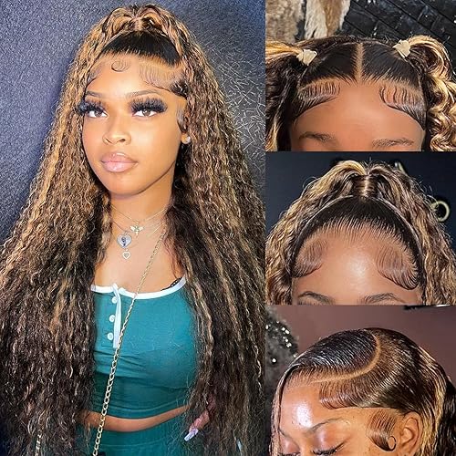 LRV 30 Inch Ombre FB/30 Lace Front Wigs Human Hair 13x4 Lace Front Highlight Deep Wave Wig for Women Human Hair Curly Highlighted Wig With Invisible Knots 180 Density - 30 Inch - FB/30 Deep Wave Highlight Lace Front Wig Human Hair