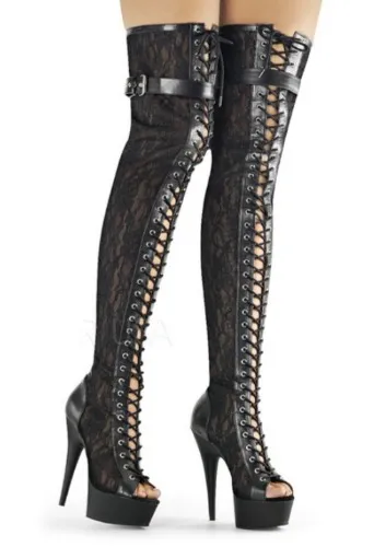 Lace pleaser thigh high boots