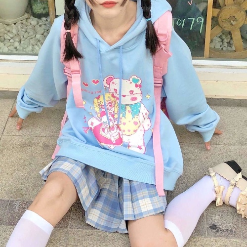 Candycore Teddy Bear Hoodie - Blue / XL