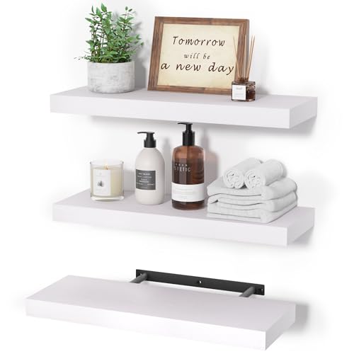 upsimples Floating Shelves with Invisible Brackets, Wall Mounted Rustic Wood Shelves Set of 3, White - White