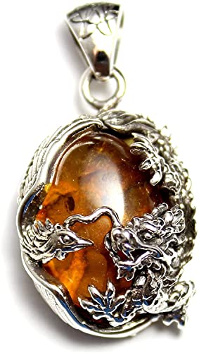 COSUMOSU 925 Sterling Silver brown Amber Dragon Japanese pattern pendant for men