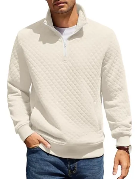 COOFANDY Mens Quarter Zip Pullover Quilted Sweatshirt Knit Long Sleeve Mock Neck Sweater Polo with Kangaroo Pocket