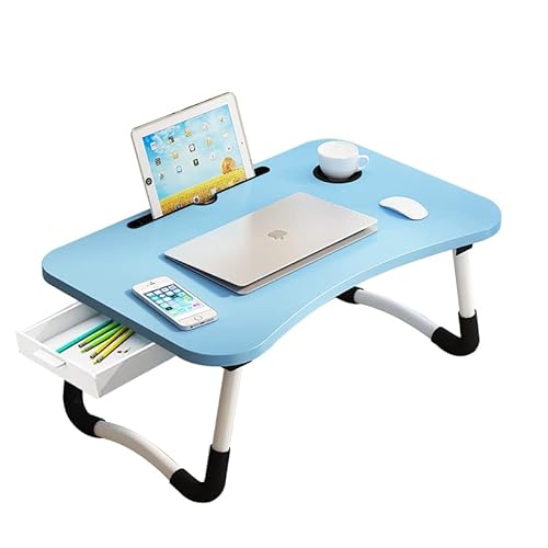 Lap Desk with Storage Drawer, Cup and Phone Holder, Laptop Bed Tray Table, 23.6" Foldable Laptop Desk, Laptop Stand for Working, Writing, Gaming and Drawing (23", Blue) - 23" - Blue