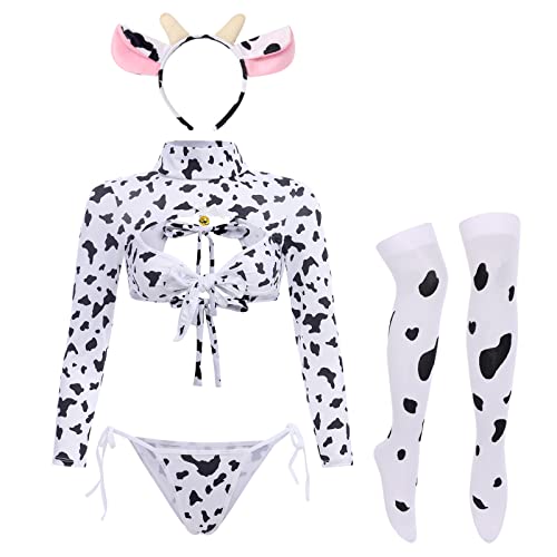 FYMNSI Women Sexy Milk Cow Lingerie Set Anime Maid Cosplay Costume Mini Bikini Bra Bodysuit with Bell Choker Stockings Outfit - One Size - Z - Cow Long Sleeve