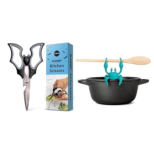 OTOTO New Elizabat Kitchen Scissors - Cute Bat Kitchen Shears + Aqua the Crab Silicone Utensil Rest - Silicone Spoon Rest for Stove Top - BPA-Free, Heat-Resistant (Bundle of 2)
