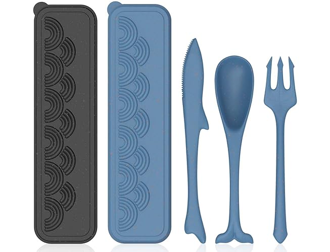 2 Sets Ocean Sea Themed Reusable Utensils Set with Case, Plastic Lunch Box Utensils Set for Kids, Travel Cutlery Set for Ocean Party Decorations Picnic or Daily Use (Blue, Black) - Black, Dark Blue - 1