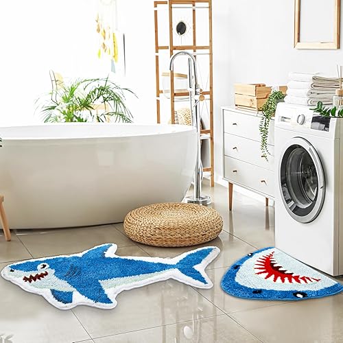 Tondiamo 2 Pcs Shark Shaped Bathroom Rugs Bath Mat Non Slip Bath Rug Absorbent Soft Microfiber Cute Washable Floor Mat for Kids Room Aesthetic Kids' Room Decor 40 x 22 Inches, 24 x 24 Inches