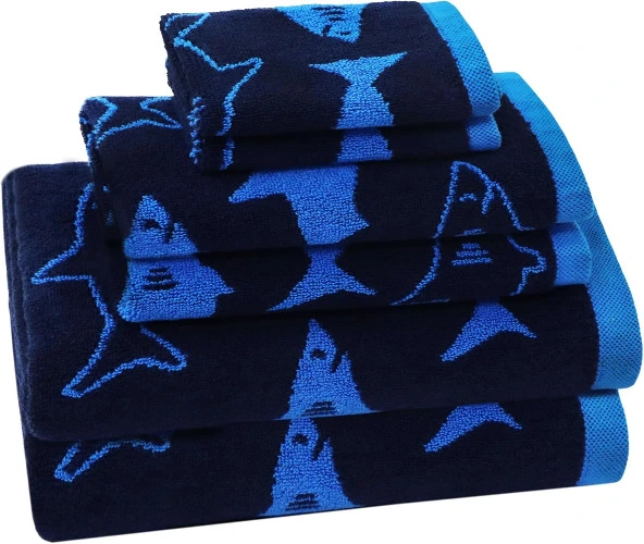 ORIGINAL KIDS 6 Piece Towel Set - Bath Time Shark Attack- 2 Bath Towels, 2 Hand Towels, 2 Washcloths in Bonus Tote Bag- 100% Cotton Jacquard Soft Absorbent Quick Dry Pool Beach Towel Gift - Navy Blue - Set of 6 -Bath-Hand-Wash - Shark Attack