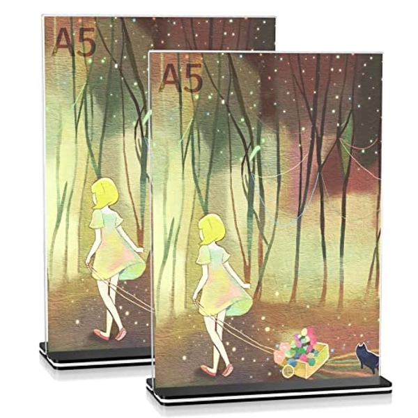 woshilaoDS 2 Pcs Clear Acrylic Sign Holders, A5 Size Table Desktop Menu Display Stands, Paper Table Top Sign Display Holders for Restaurants, Office, Home, Store, Photo Frames, Meetings