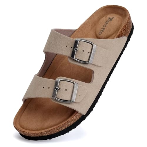 Torotto Womens Slides with Cork Footbed Open Toe Adjustable Webbing Flat Sandals for Walking | Beach | Indoor - 6 - Suede/Apricot