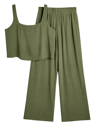AUTOMET 2 Piece Summer Outfits for Women Casual Soft Lounge Matching Sets Two Piece Linen Crop Top Pants 2024 Fashion Clothes - Armygreen - Small
