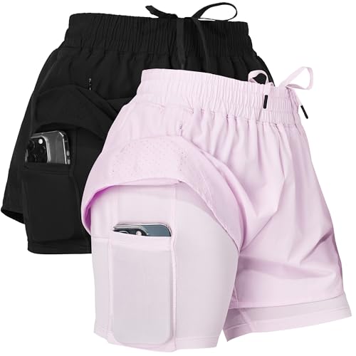Ultra Performance Gym Shorts Women Pack of 2, Nylon Compression Workout Shorts Women with Liner - Medium - Black, Lilac
