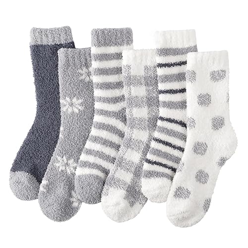 ILovDaisy Fluffy Socks Womens and Girls Warm Bed Socks 6 Pairs, Ladies Winter Cosy Fuzzy Thermal Socks Ladies Thick Fleece Socks for Christmas Valentines Brithday Gifts - 4-7 - Grey