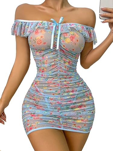 SOLY HUX Women's Floral Print Ruched Mesh Babydoll Lingerie Sleepwear Chemise with Thong - Small - Blue Floral
