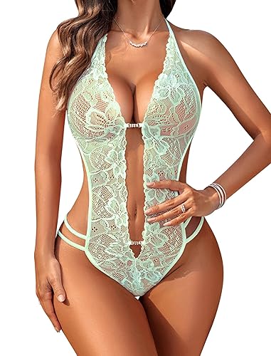Avidlove Women One Piece Lingerie Sexy Lace Bodysuit Deep V Teddy Babydoll Nightgown XS-XXL - X-Small - Green
