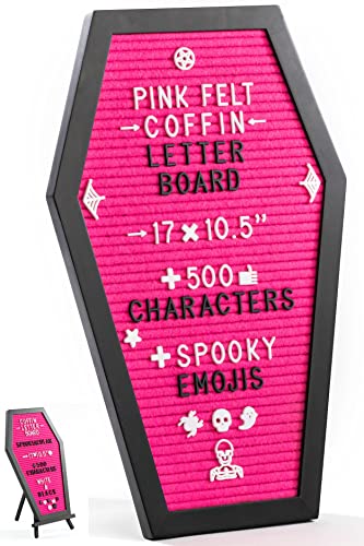 Coffin Letter Board Pink With Spooky Emojis +500 Characters, and Wooden Stand - 17x10.5 Inches - Gothic Halloween Decor Spooky Gifts Decorations - Pink