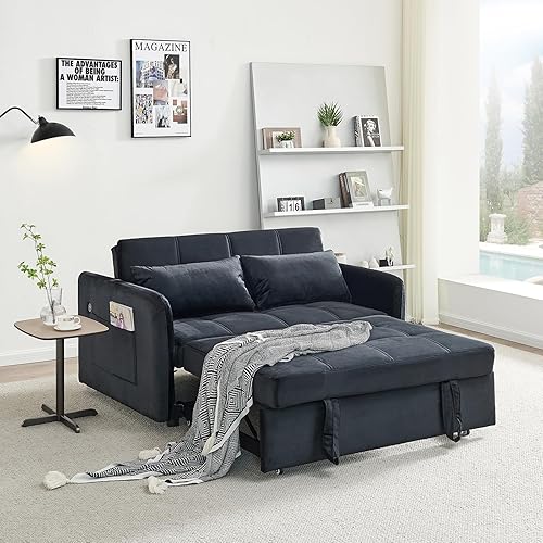 N NOORDENIYA 55'' Velvet Sofa Bed, Pull Out Sleeper Sofa Couch Bed, Loveseat Couch Bed, Futon Sofa Bed with USB Charging Ports, Convertible Sofa Bed for Living Room, Apartment, Bedroom, RV, Black - Black-velvet