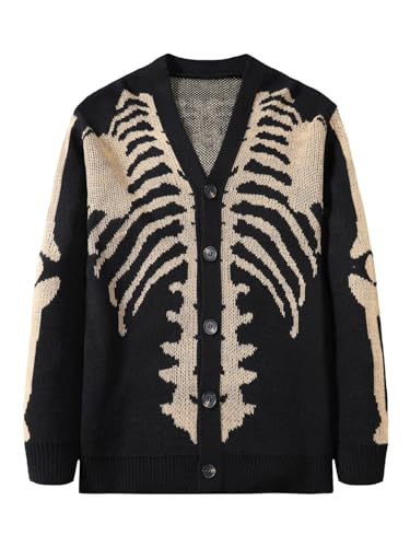 SHENHE Men's Skeleton Pattern Cardigan Sweaters Long Sleeve Unisex Outwear Knitted Coats - XX-Large - Khaki