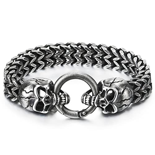 COOLSTEELANDBEYOND Gothic Mens Stainless Steel Skull Franco Link Curb Chain Bracelet with Spring Ring Clasp - Old Metal