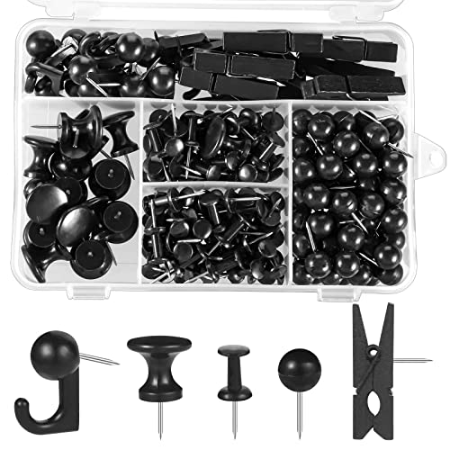 200 Pieces Push Pins Thumb Tacks Black Push Pins for Cork Board, 5 Style for Bulletin Boards Wall Maps Pictures Office Home Supplies - Black