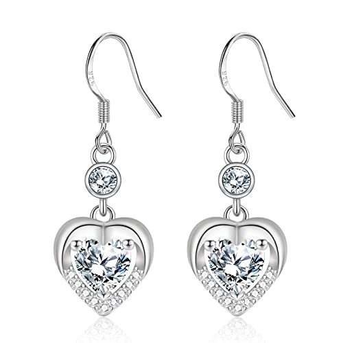 Silver Drop Dangle Earrings for Women, Dangly Earrings for Girl│Dainty Hypoallergenic Earring with Cubic Zirconia for Sensitive Ears│Romantic Heart Earrings Gift for Birthday Anniversary