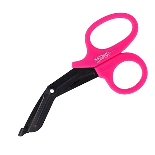 Madison Supply Pink Trauma Shears, EMT and Trauma Shears - 7.5 Inch Quality Stainless Steel Medical Scissors - Fluoride-Coated with Non-Stick Blades - Paramedic Scissors Pink - 1-Pack - Pink Handle/Black Coated Blades