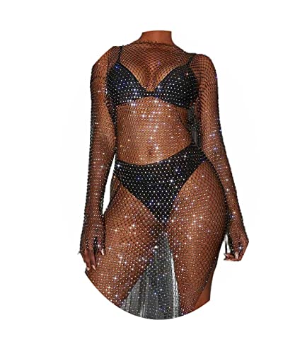 Fstrend Women Rhinestone Mesh Dress Crystal Black Long Skirts See Through Fishnet Cover up Swimwear Rave Festival Bikini