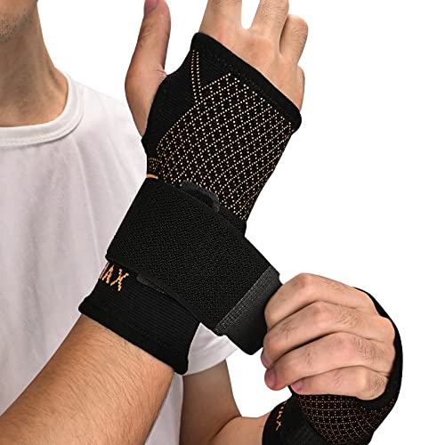 INDEEMAX Copper Wrist Compression Sleeve 1 Pair, Comfortable Hand Brace Support with Strap for Arthritis, Tendonitis, Sprains, Workout, Carpal Tunnel - Left & Right - Women and Men - M - Black New