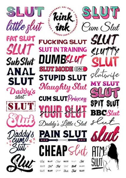 Kink Ink - 34 x "Slut" Temporary Tattoo Kinky A4 Sheet