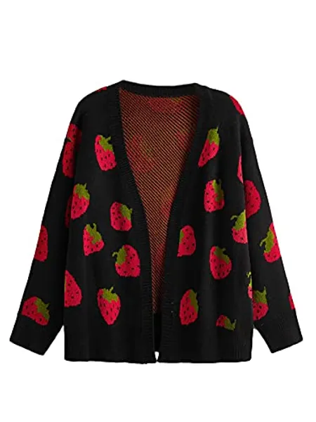 MakeMeChic Women's Plus Size Strawberry Print Long Sleeve Open Front Knit Cardigan Sweater