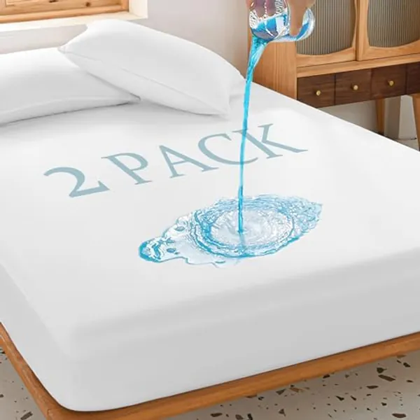 2 Pack Queen Waterproof Mattress Protector Deep Pocket Mattress Cover, Soft Breathable Mattress Pad, Fitted Noiseless Waterproof Bed Cover Stretch to 25"