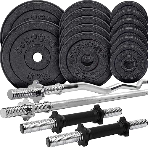 ScSPORTS® Hantelset - 27.5-100kg, inkl. 2 Kurzhanteln, Langhantelstange, SZ Stange, Ø31mm, Hantelscheiben, Gusseisen - Gewichtsset, Langhantel - A) 27.5 KG (2x5+4x2.5+6x1.25) sw