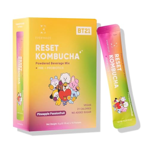 Everydaze BT21 Reset Kombucha Tea Powdered Beverage Mix | 10 Sticks | Prebiotics + Probiotics | Vegan | No Added Sugar, Gluten Free, Sparkling Powder Drink Pack (Pineapple Passion Fruit) - Pineapple Passion Fruit