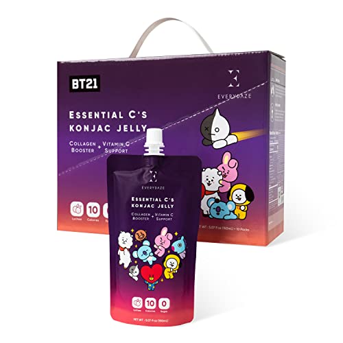 EVERYDAZE BT21 Essential C’s Collagen + Vitamin C Konjac Jelly | Vegan, 10 Calories, 0 Sugar | Lychee | 10 Packs | Healthy Diet Pouch Drinkable Snack Drink, Weight Management - Lychee