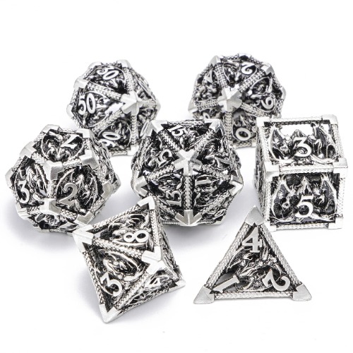 Polyhedral Dice Set DND Metal Dice Set Hollow Dice 7Pcs Suitable for DND RPG MTG Dungeon and Dragons Table Board Roll Playing Games (Creoso Silver Black) - Creoso Silver Black