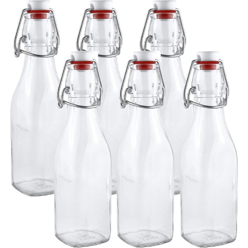 Estilo Swing Top Easy Cap Clear Glass Bottles, Round, 8.5 oz, Set of 6. Standard Size, Flip Top Glass Bottles to store home brews, oils, vinaigrettes, wines, beer, teas - 