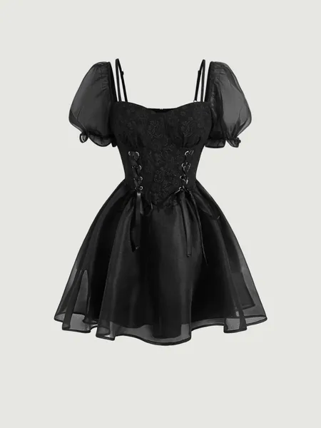 SHEIN MOD Grommet Lace Up Front Puff Sleeve Dress