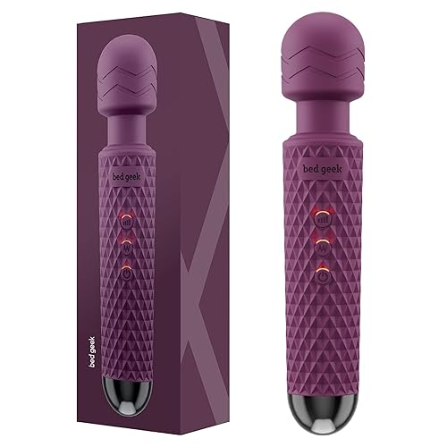 bed geek Handheld Cordless Personal Wand Massager with Memory Feature Waterproof USB Rechargeable Massage 20 Vibration Patterns 8 Speeds Skin Soft Silicone - Purple