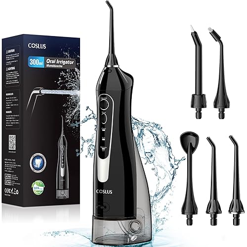 COSLUS Water Dental Flosser Teeth Pick: Portable Cordless Oral Irrigator 300ML Rechargeable Travel Irrigation Cleaner IPX7 Waterproof Electric Flossing Machine for Teeth Cleaning F5020E - Dark Black