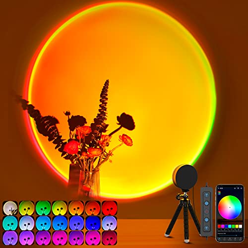 XEBKOR Sunset Lamp Projector Multicolor Changing LED Sunset Projection Lamp,Switch Button and APP Control 360 Degree Rotation Sunlight Lamp for Bedroom, Photography, Party, Tiktok Live, Room Decor - A