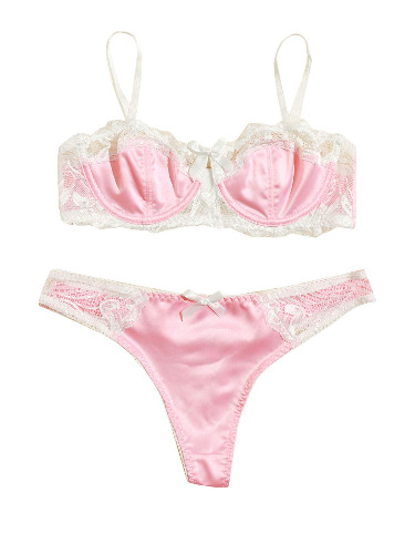 Verdusa Women's Floral Lace Bow Knot Underwire Thong Satin Lingerie Set - Large Pink
