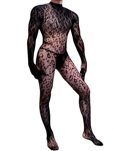 EHSUYAB Rave Outfits For Men, Festival Party Clubwear, Leopard One Piece Full Lace Jumpsuit, Sexy Lingerie Costume Bodysuit - Black