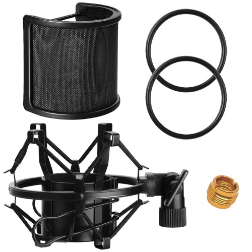 Microphone Shock Mount with Pop Filter, PEMOTech Mic Anti-Vibration Suspension Shock Mount Holder for 46mm-53mm Diameter Microphone, Compatible for AT2020 Microphone Shock Mount Bonus Screw Adapter