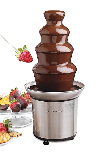 Nostalgia 4 Tier Electric Chocolate Fondue Fountain Machine for Parties - Melts Cheese, Queso, Candy, and Liqueur - Dip Strawberries, Apple Wedges, Vegetables, and More - 32-Ounce - Stainless Steel - Stainless Fondue Fountain - 3 Tier