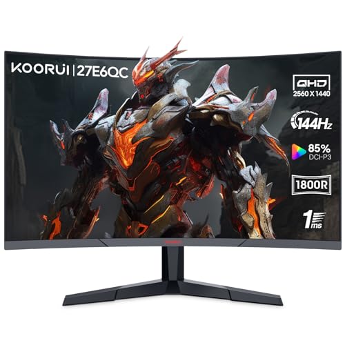 KOORUI 27 Inch Computer Monitor, QHD 2560P Gaming Monitor 144Hz(1ms, 1800R Curved VA Panel, DP1.2+HDMI*2, AdaptiveSync, Narrow Bezel with Ultra-Thin), Tilt Adjustable,Eye Care - 27in 144Hz