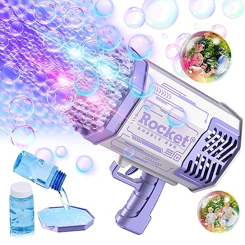 SHCKE Bubble Machine Gun with Colorful Lights,Bubble Solution,69 Holes Rocket Bubble Gun,Summer Outdoor Toy for Kids, Idea for Christmas Birthday Parties Wedding [Purple] - one size - Purple