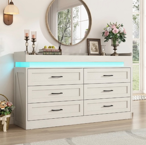  6 Drawer Double Dresser with LED Lights and Charging Station, Wide Chest of Drawers and Metal Handles, Wood Storage Cabinet for bedroom