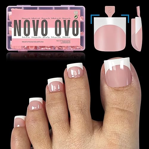 French Tip Toe Nail Tips Sharp Square Pre-Designed Soft Gel False Toenail Extension, BABY PINK Pre-applied Tip Primer & Base Coat, Full Cover Acrylic for DIY x 15 Sizes 240 pcs - Sharp Square French tip Toe Nail Tips BabyPink